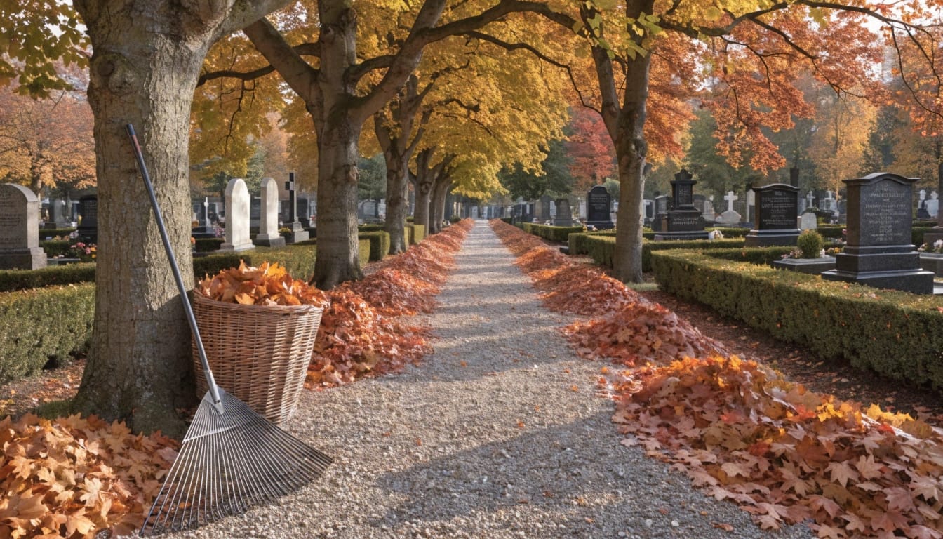 Laubräumung auf Friedhof im Herbst