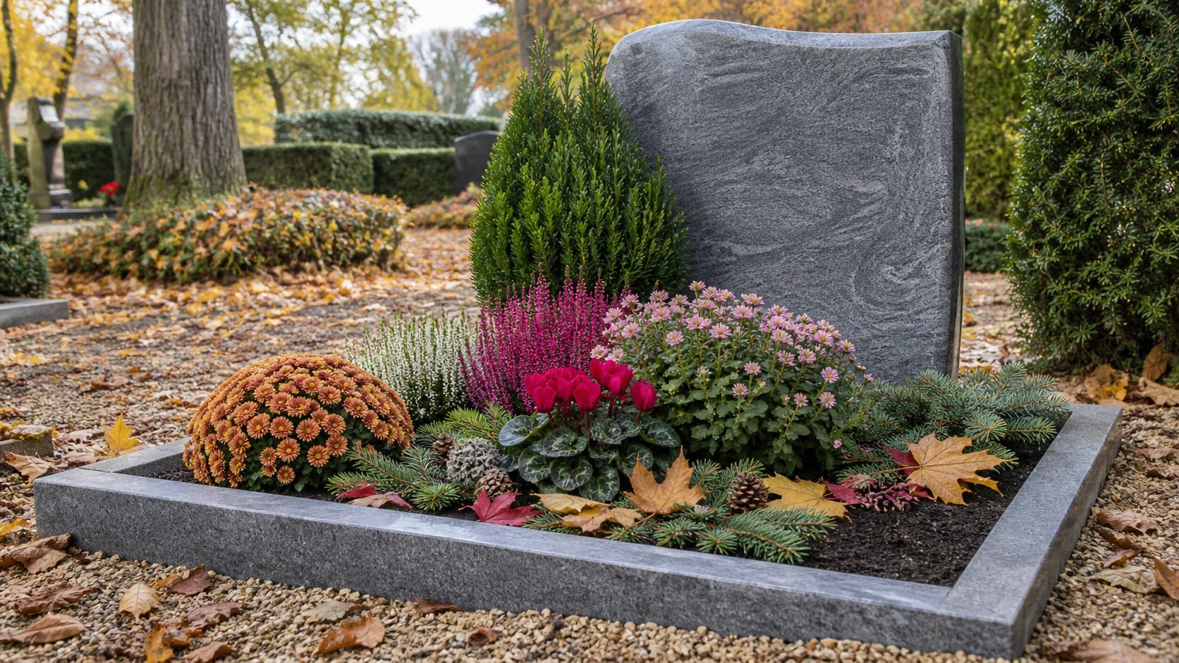 Grab mit Herbstbepflanzung