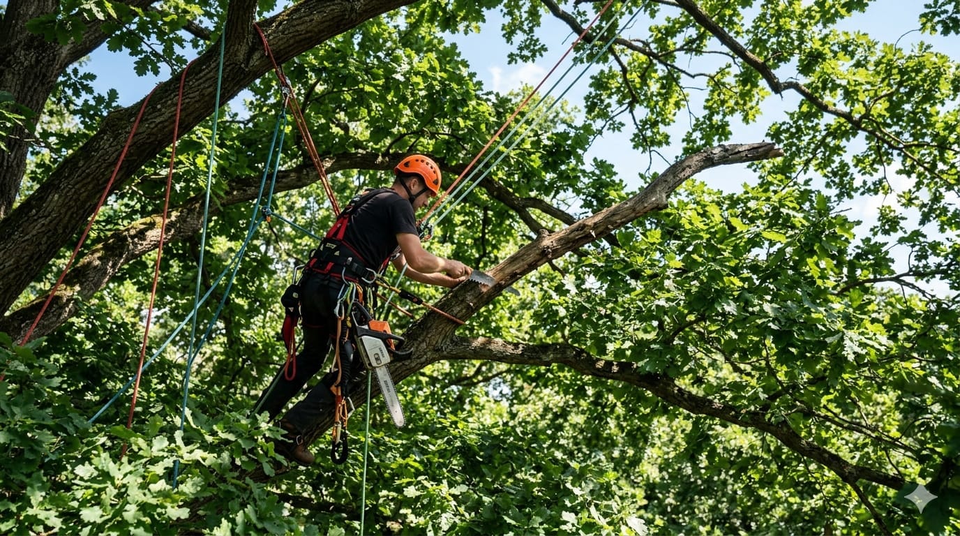 Baumpfleger in Seilklettertechnik in der Krone