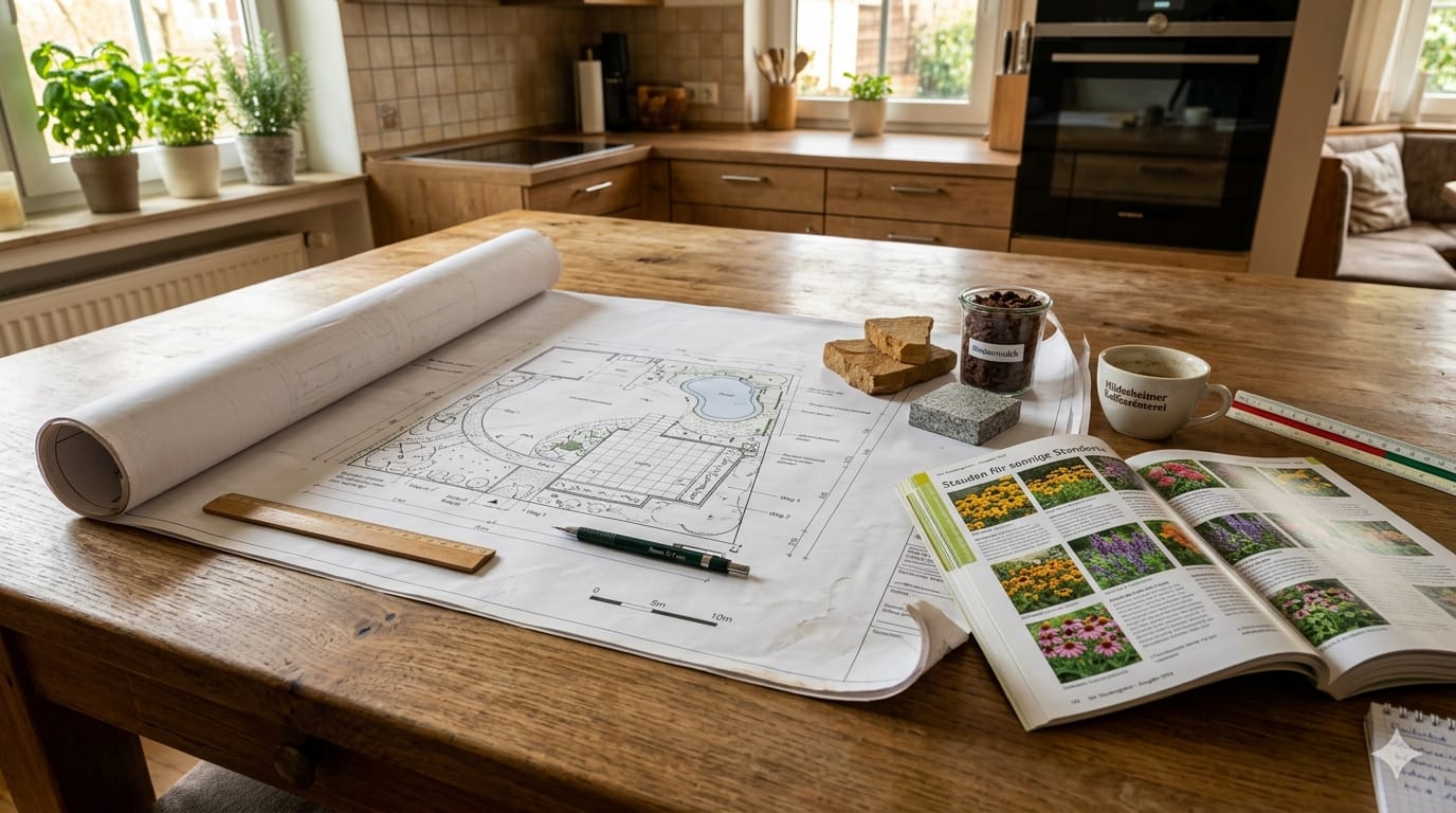 Gartenplan auf dem Tisch mit Mustern und Pflanzenliste