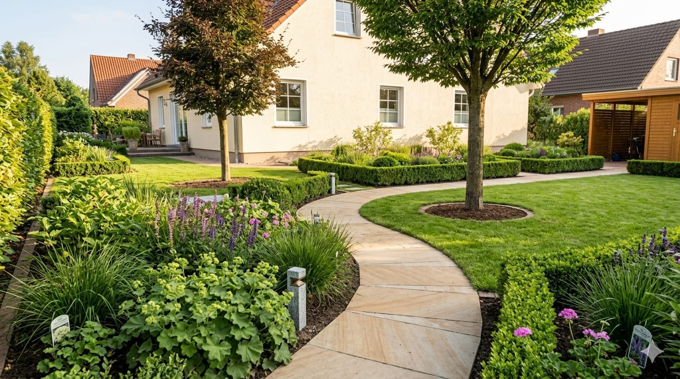 Fertiger Privatgarten mit Beeten und Rasenfläche