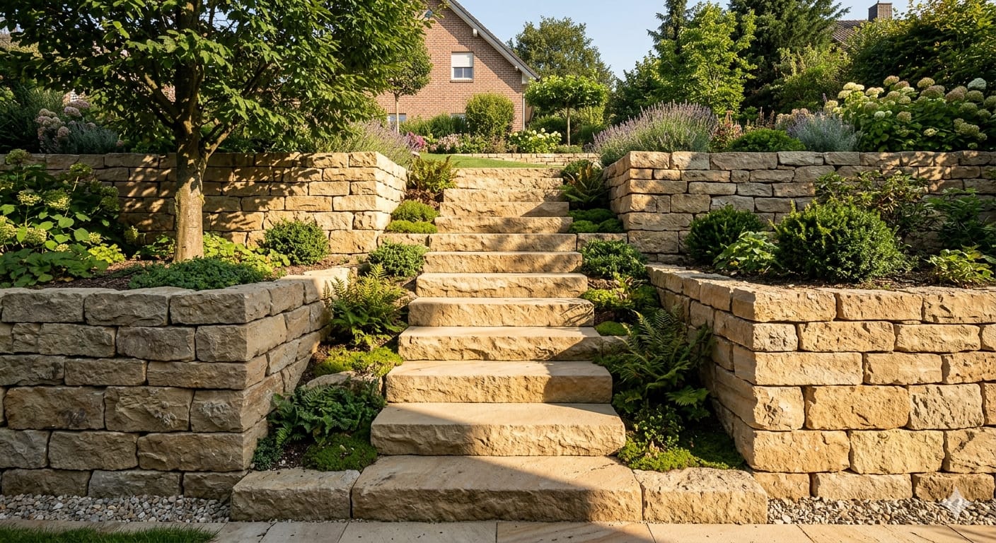 Naturstein-Treppe zwischen Hanglagen