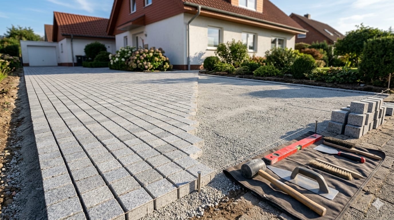Granit-Pflaster wird im Splittbett verlegt