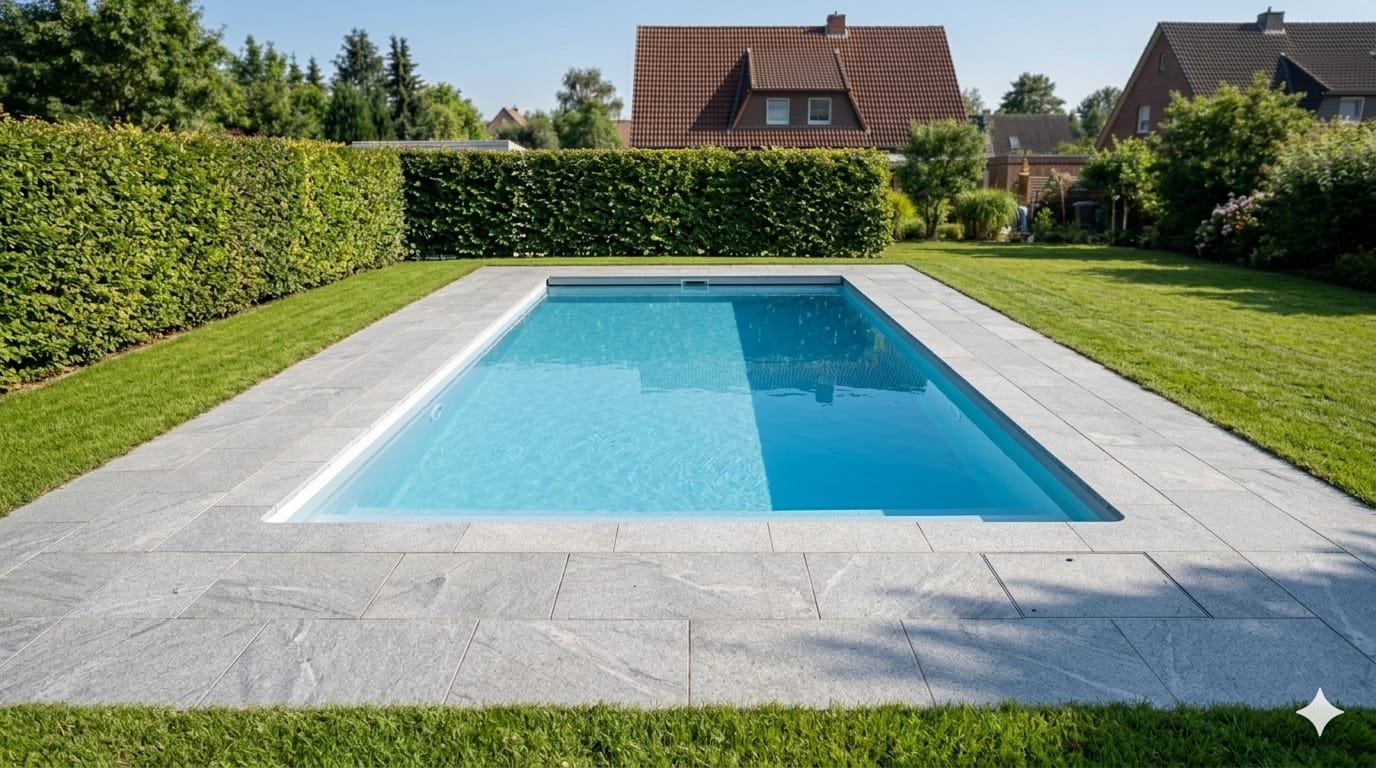 Fertige Poolanlage mit Sichtschutz-Hecke